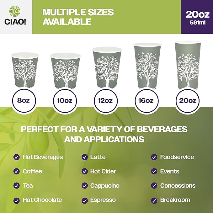 CIAO! 20oz Paper Hot Cup, Rooted Olive Print, (Case of 600)