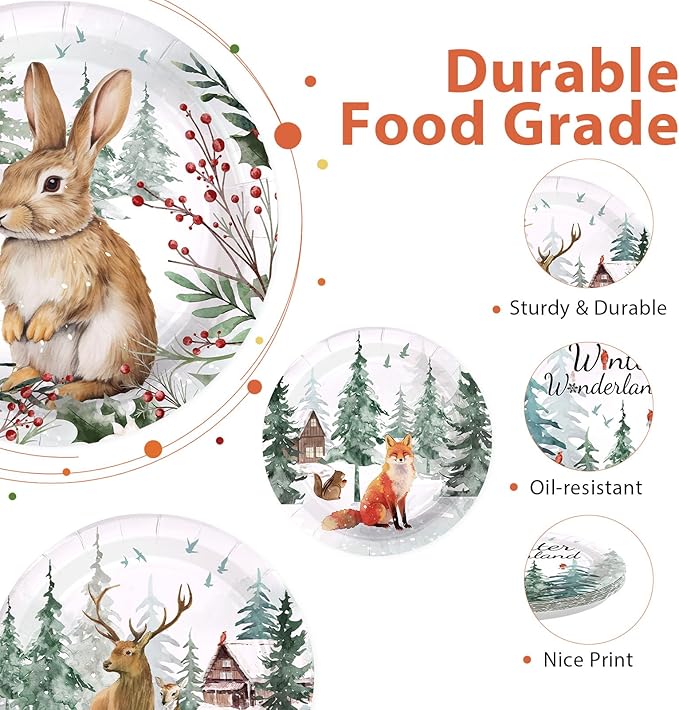 60Pcs Winter Woodland Animals Disposable Paper Plates 9” Winter Wonderland Heavy Duty Paper Plates with Bunny Fox Deer Patterns for Christmas Holiday Party Supplies Decorations