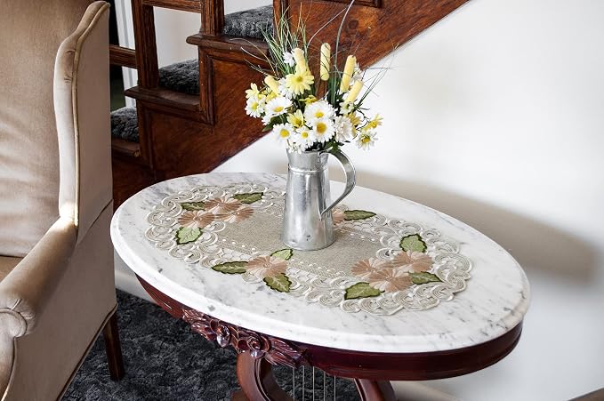 Embroidered Gold Daisy Fleur Latte Table Runner, Dresser Scarf, Coffee Table - Image 2