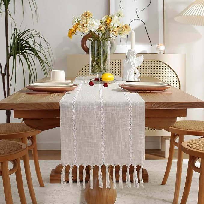 Wracra Rustic Linen Table Runner, Ivory Table Runners 72 inches Long | Raised - Image 5
