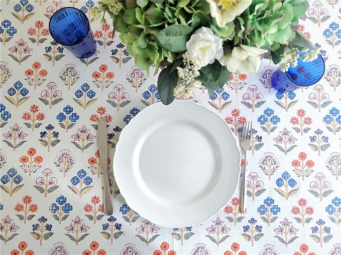 ATOSII Flora Bloom 100% Cotton Rectangle Boho Fall Tablecloth, Handblock Floral Table Cloth Linen for Kitchen Dining I Parties Wedding Outdoors Christmas Thanksgiving I 72 X 108 Inches I 8 Seater