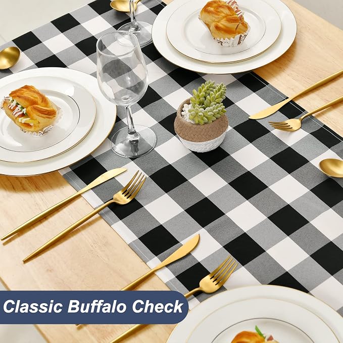 Buffalo Plaid Table Runner Black and White 14W x 72L, 1 Piece | Waterproof - Image 2