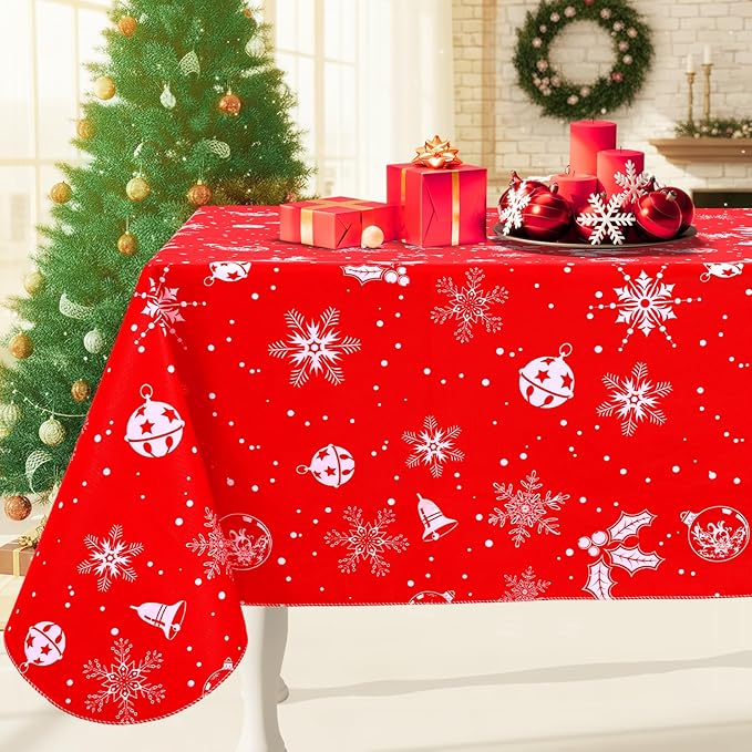 Smiry Christmas Rectangle Table Cloth, Waterproof Vinyl Tablecloth with Flannel Backing, Wipeable Bell & Snowflake Plastic Tablecloths for Christmas Table Decorations, (60"x102", White & Red)