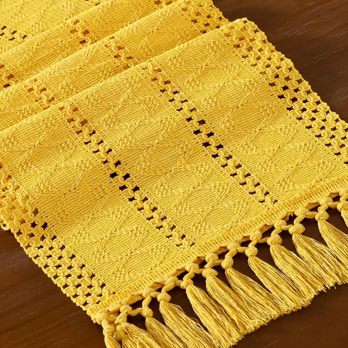 DeZerlor Yellow Boho Macrame Farmhouse Woven Table Runner 48Inch | Cotton Linen - Image 2