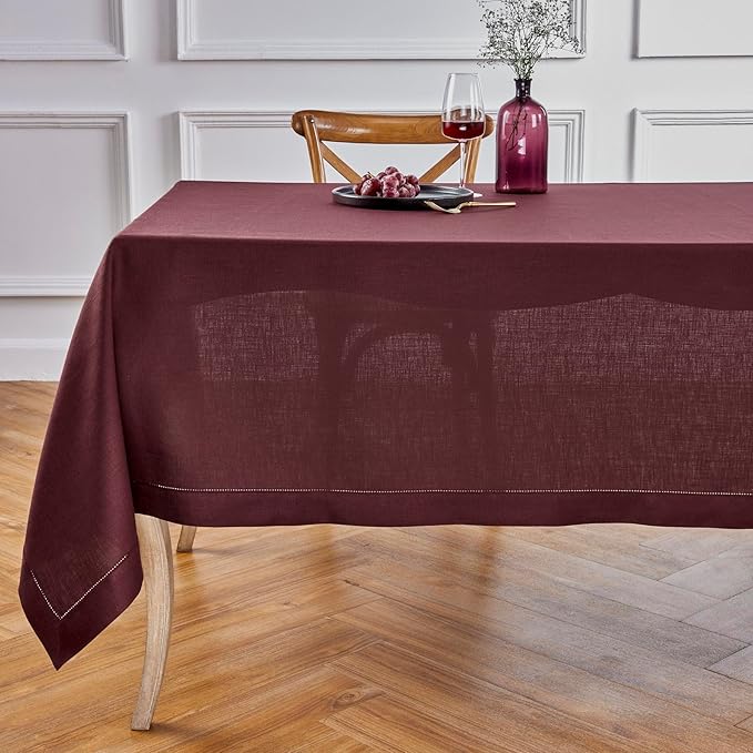 Solino Home Linen Burgundy Tablecloth 60 x 90 Inch - Classic Hemstitch, 100% Pure Linen Rectangular Tablecloth - Machine Washable Table Cloth for Valentines, Winter