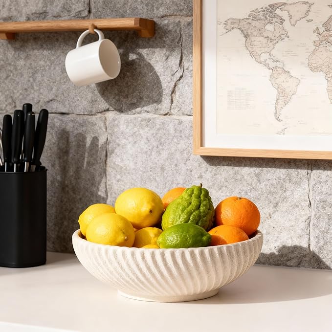 DOVDOV Beige Beveled Edge Decorative Bowl, Large Modern Fruit Bowl, Home Decor Bowl Suitable for Kitchen Countertops, Coffee Tables, or Entryway Tables, Minimalist Key-shaped Centerpiece Fruit Bowl.