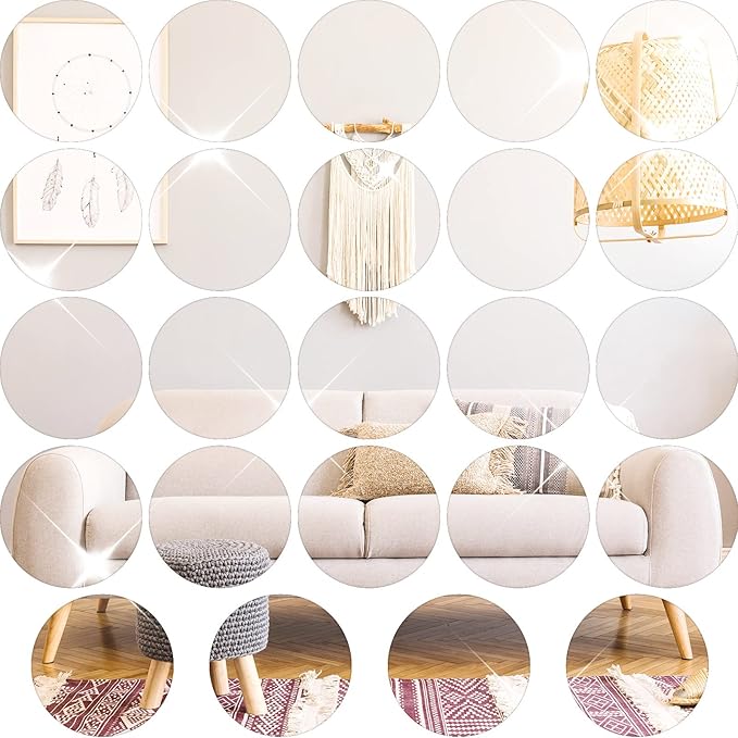 Cindeer Set of 24 Acrylic Round Mirror Plate Circle Mirror Trays Wedding Baby Shower Party Centerpieces for Tables Self Adhesive Non Glass Stickers for Home or Wall Candle Crafts Decor(16 Inch)