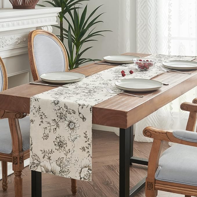 jinchan Black Floral Linen Table Runner 13 x 90 Inch Farmhouse | Long floral - Image 2