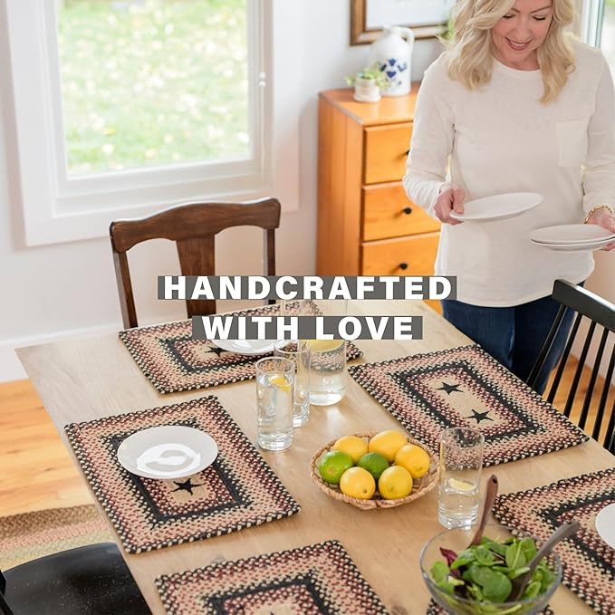 Homespice Primitive Star Gloucester Jute Braided Oval Placemats, Warm Primitive Decor, Set of 6, 13x19 Black and Red Table Mats - Vibrant Colors, Durable, Easy to Clean and Protects Furniture
