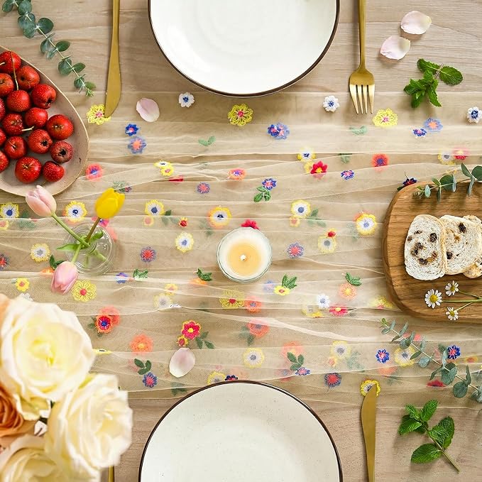 Artoid Mode 6PCS Champagne Embroidery Daisy Gauze Table Runner 120Inch 10FT | - Image 2