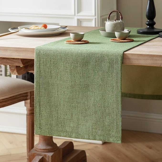 Burlap Style Farmhouse Table Runner, 14x90 Inches Grass Green | Thick Durable by ZEEMARTONLINE