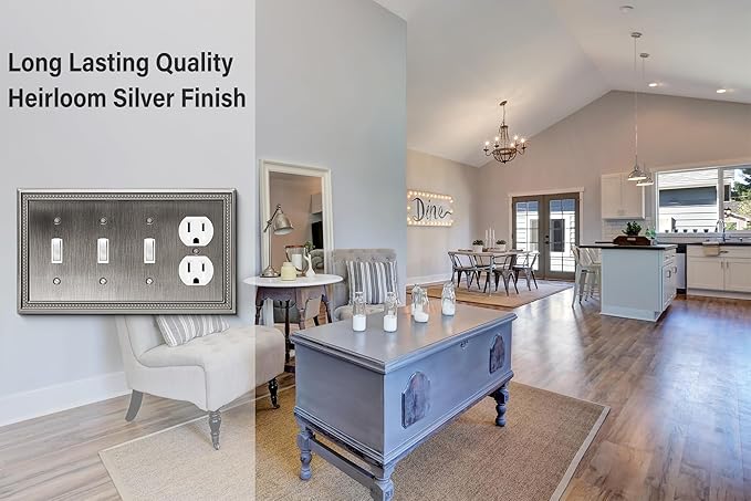 Henne Bery Sunken Pearls Heavy Duty Decorative Wall Plate Switch Plate Outlet Cover (Triple Toggle/Single Duplex, Heirloom Silver)