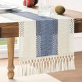 Macrame Style Bicolor Stitching Table Runner 14x108in Blue | Woven Boho Table by ZEEMARTONLINE