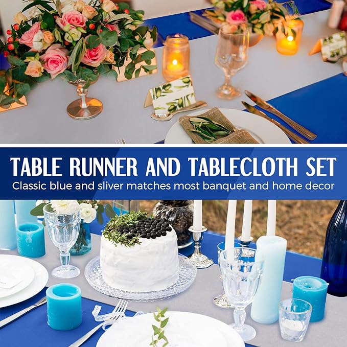 Breling 24 Packs Navy Blue and Silver Disposable Plastic Tablecloths and Satin Table Runner Set, 54 x 108 Inch Tablecloth, 12 x 108 Inch Table Runners for Wedding Graduation Birthday Baby Shower