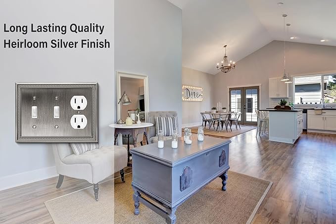 Henne Bery Sunken Pearls Heavy Duty Decorative Wall Plate Switch Plate Outlet Cover (Double Toggle/Single Duplex, Heirloom Silver)