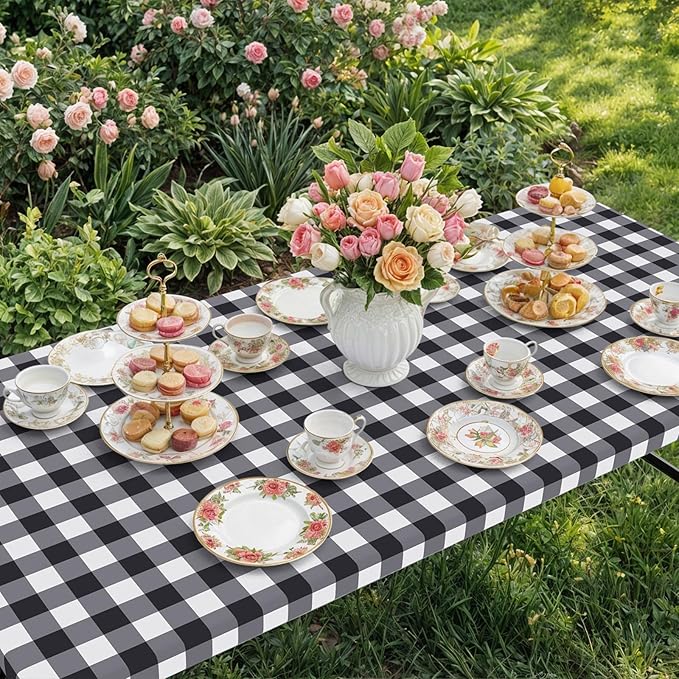 Smiry Rectangle Picnic Table Cloth, Elastic Waterproof Fitted Vinyl Tablecloths, Flannel Backed Buffalo Plaid Table Covers for Dining, Camping, Outdoor (Black and White, 36" x 72")