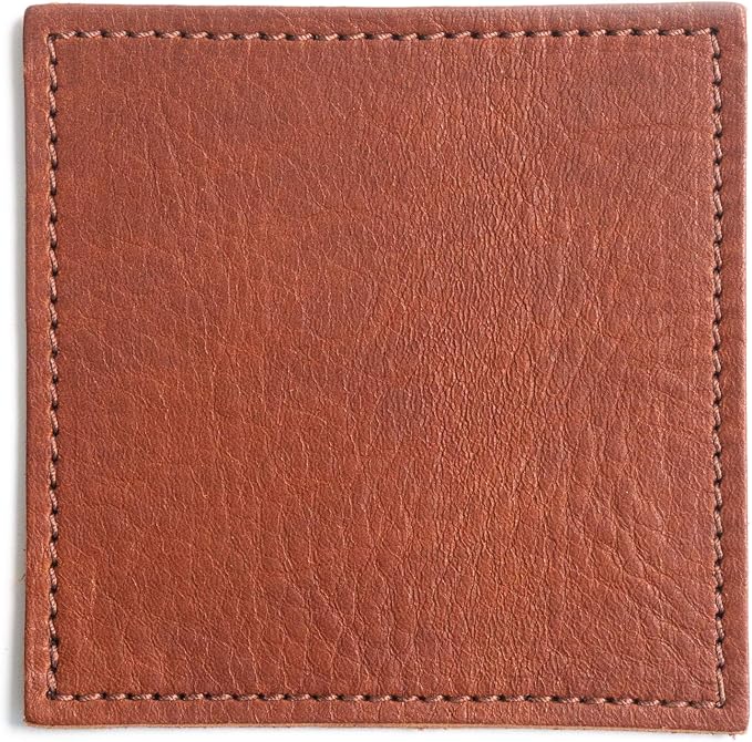 American Made Leather Coasters - Premium Full Grain Leather, Double Layered Square Rustic Brown Coaster Set, 4”x4” - Handmade in The USA - Set of 4