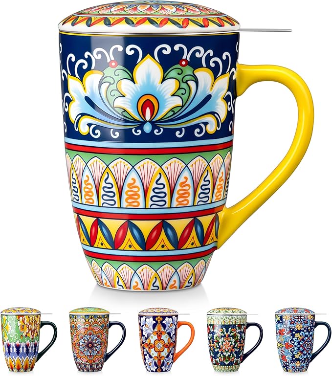 vancasso Ceramic Tea Mug with Infuser and Lid, 18 Ounce Bohemian Loose Leaf Cup, Microwave & Dishwasher Safe, Perfect for Tea, Coffee, Beige-Mustard Tribe