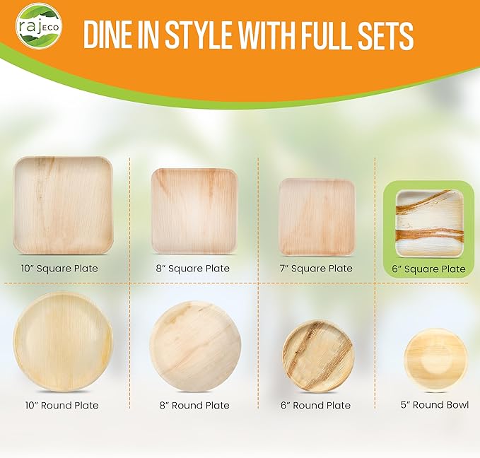 Raj Palm Leaf Plates Bulk Plates like Bamboo plates Disposable, Decorative Compostable Tableware for wedding, Lunch, Dinner, Birthday, Camping,Picnic (6" 50 Pack(8 Cases I 400 Pack))