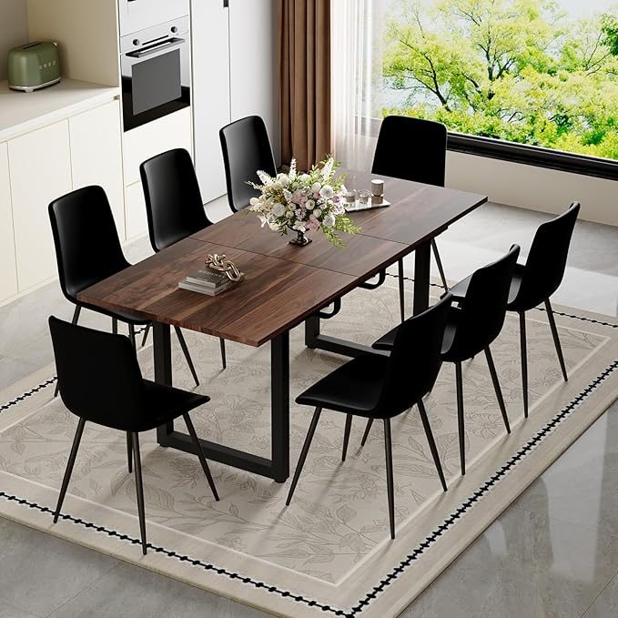 Extendable Dining Table Set for 8, 55"–71" Modern Wood Kitchen Table with 8 Upholstered Chairs, Space-Saving for Living Room Apartment, Sturdy & Comfortable, Easy Assembly
