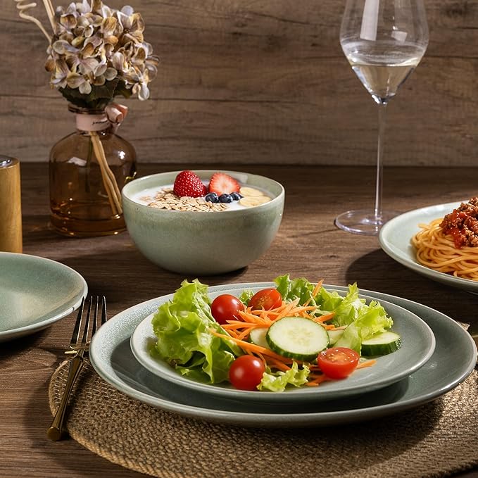 AmorArc Ceramic Dinnerware Sets for 6, 18 Pieces Handpainted Plates and Bowls Set, Scratch Resistant Stoneware Dishes Set, Dishwasher & Microwave Safe, Olive Green