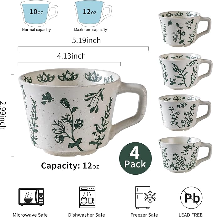 Ceramic Mugs 11 oz Set of 4, Unique Luxurious Stoneware Cups - Image 5