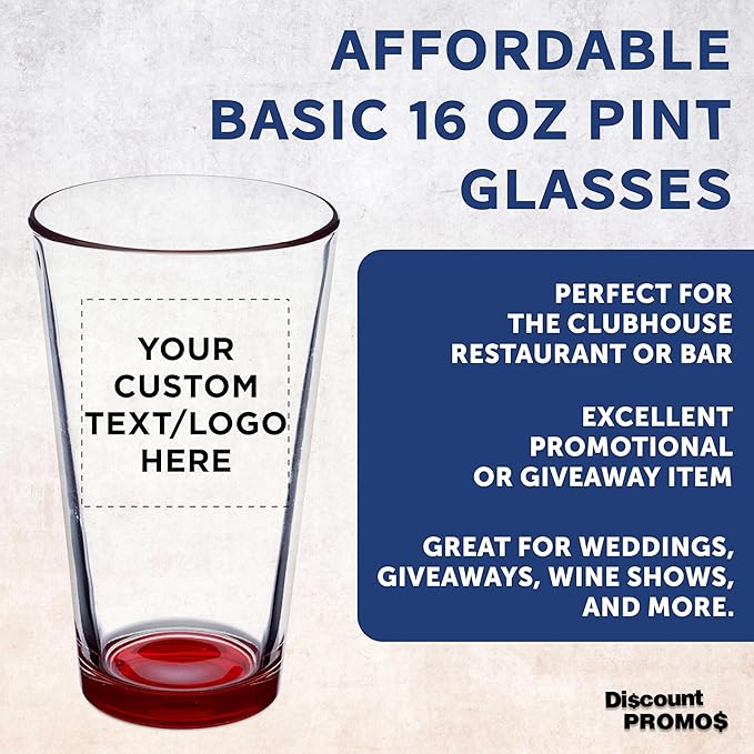 DISCOUNT PROMOS Custom Beer Pint Glasses 16 oz. Set of 10/50/100, Personalized Bulk Pack - Heavy Duty Glassware for Restaurant, Thick Base and Walls, Stackable - Red