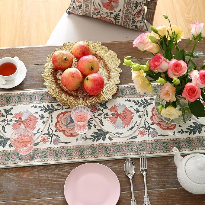 Designer Vintage Linen Extra Long Table Runner, Floral Pattern, Dining Table - Image 8
