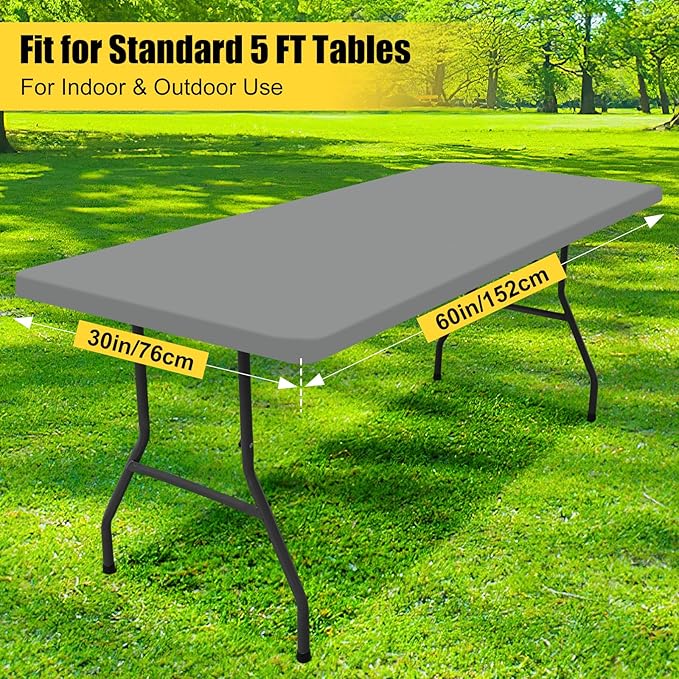 Smiry Rectangle Picnic Table Cloth, Waterproof Elastic Fitted Tablecloths for 5 Foot Tables, Washable Polyester Table Cover for Camping, Indoor and Outdoor (Grey, 30"x60")