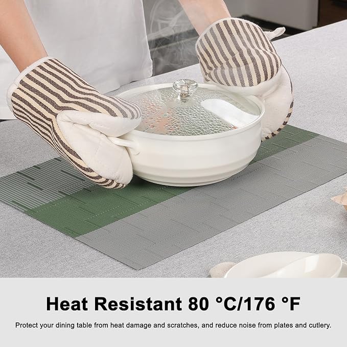 Placemats Set of 6, Vinyl Woven Place Mats Indoor Set of 6 Washable Wipeable PVC Table Mats Heat-Resistant Non Slip Placemat for Kitchen Dining Outdoor Table (Gray Sage Green, Set of 6)