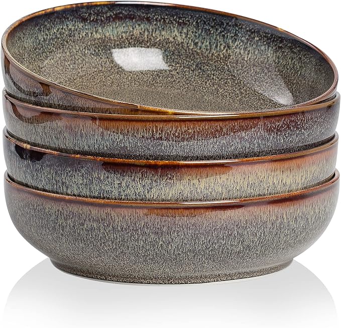 30oz Ceramic bowls set of 4-8" serving bowls for Kitchen,Pasta,Salad-Dishwasher & Microwave Safe Perfect for Housewarming, Thanksgiving, Christmas-Caramel Brown