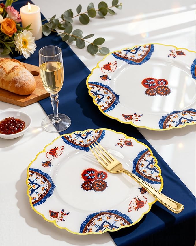 Morejoy 60pcs Plastic Disposable Plates Set - White Plastic Plates Featuring Classic Blue and Russet Floral Design With Gradient Gold Rim, 10.25 Dinner & 7.5 Dessert Plates for Wedding & Party