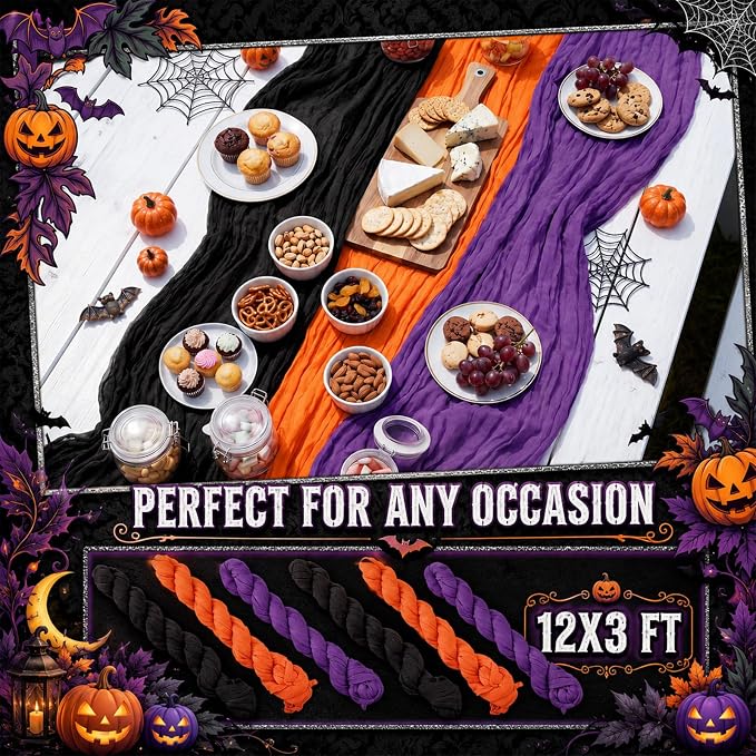 12 Pcs Halloween Cheesecloth Gauze Table Runners Black Orange Purple | Holiday - Image 7