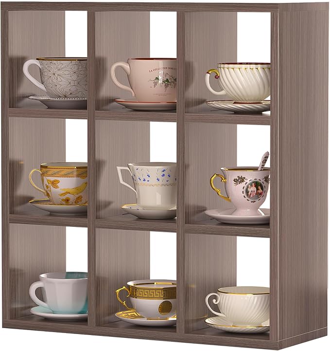 Helsin 9 Grid Vintage Coffee Mug Display Rack, 16inch Wall Mounted Wooden Curio by Helsin