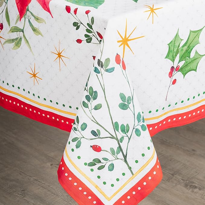 Maison d' Hermine Table Cloth Rectangle Table 100% Cotton 60 x 108 Inches Fall Tablecloth Reusable Everyday Use for Thanksgiving Christmas Decorations Dining Farmhouse Party (Poinsettia Christmas)