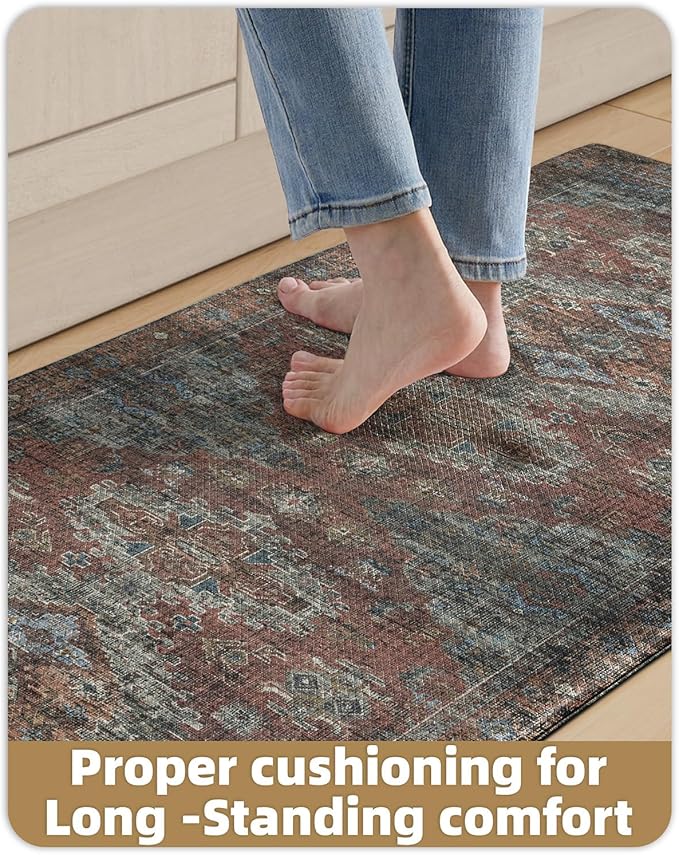 Color&Geometry Kitchen Floor Mats Anti Fatigue, Cushioned Boho Rugs,Waterproof Non Slip Kitchen Runner for Sink, Standing Mats for Office,24"x87",Dark Red