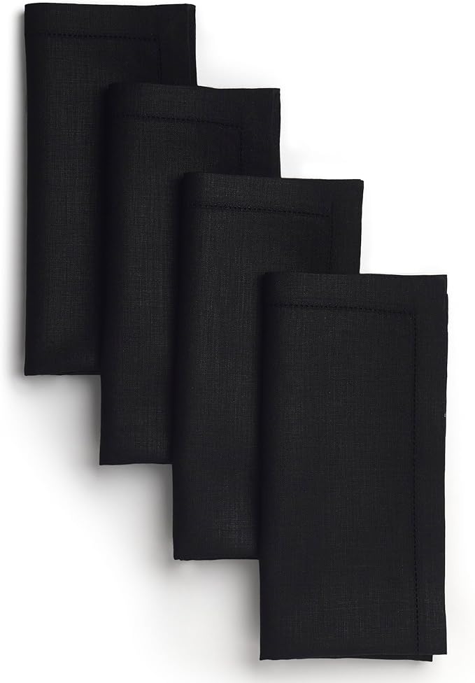 D'Moksha Homes Black Linen Napkins Set of 4 - Classic Hemstitch 100% Pure Linen Hemstitch Dinner Napkins 20 x 20 Inch for Spring, Easter - Handcrafted and Machine Washable