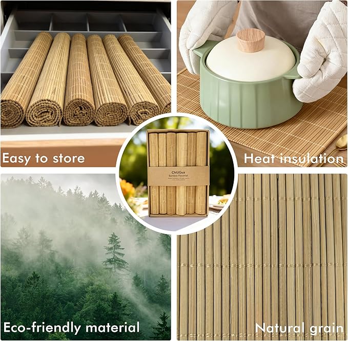 8-Pack Bamboo Placemats,Woven Heat-Resistant Rectangular Table Mats,Natural Dining Place Mats, Rustic Japanese Style Wood Mats for Indoor Dining,Kitchen and Party Use, Coffee