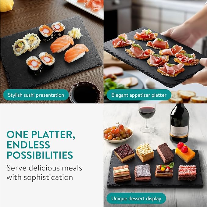 Navaris Slate Plates - Food Contact Safe Black Stone Plates - Cheese Platter Charcuterie Boards Serving Plate - Stone Slate Slab Cheese Board - Set of 8-11.8" x 7.9" (30 x 20cm)