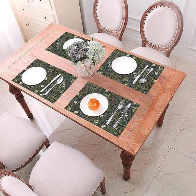 Botanical Print Floral Placemats Set of 6 Black Sage Green Spring Flower Plant Wipeable Table Mats Reusable Washable PVC Rectangle Place Mats for Kitchen Dining Home Decor 12x18 Inches