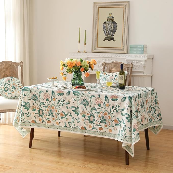 patdrea Designer Green Rectangle Table Cloth,Vintage Italian Floral Country Linen Breathable Tablecloth,Decor Cover for Kitchen Dining,Christmas,Tea Party,Thanksgiving,55"x79"-Tree Life