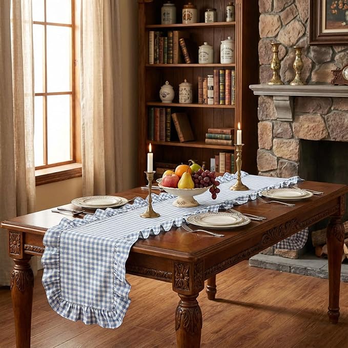 HunnmingRe 1 Pc Gingham Table Runner Blue, 118 X 13.8 Inch | Cotton Dresser - Image 8