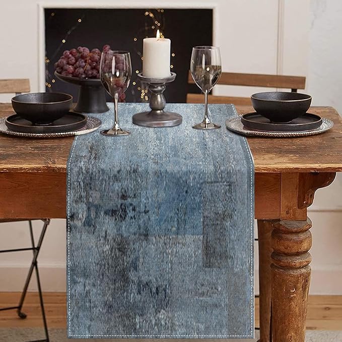 Emvency Table Runner, 13x60 Inch, Farmhouse Abstract Denim | Blue Art Painting by Emvency