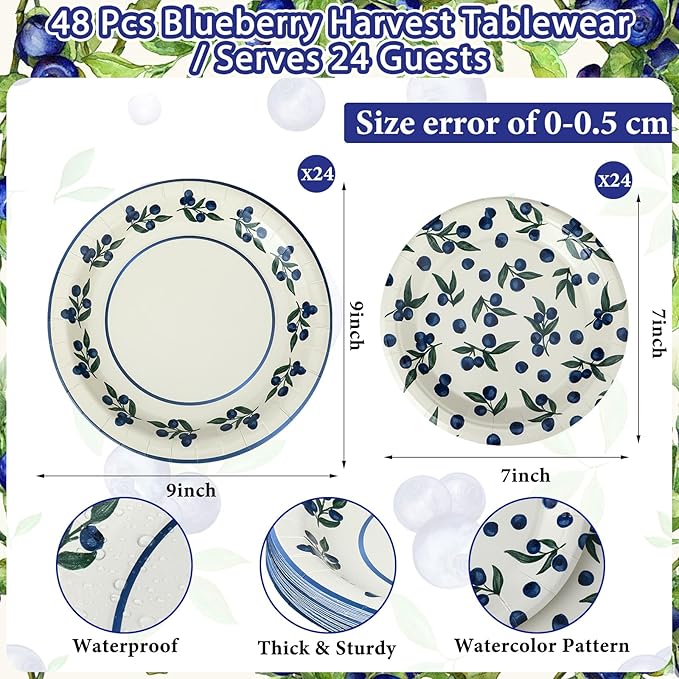 48 Pcs Blueberry Harvest Plates Set Include 9 Inch and 7 Inch Spring Watercolor Disposable Plates Summer Decorative Dinner Birthday Party Tableware for Baby Shower Party Supplies