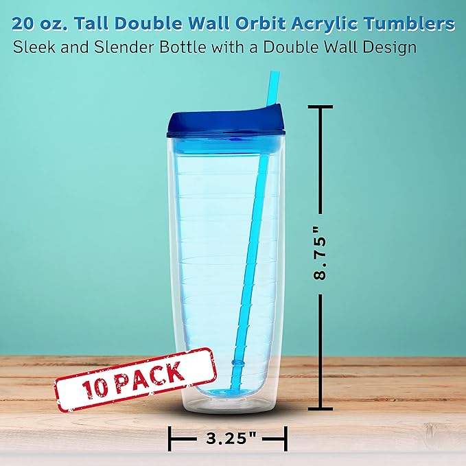 DISCOUNT PROMOS Tall Orbit Acrylic Tumblers 20 oz. Set of 10, Bulk Pack - Perfect for Iced Coffee, Soda, Other Hot & Cold Beverages - Blue