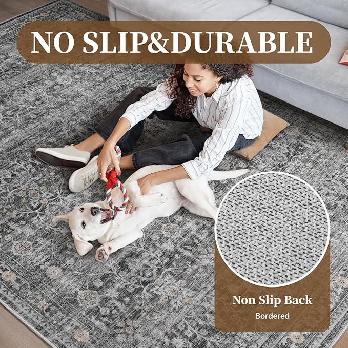 MontVoo-Vintage Area Rug 9X12 Grey Rugs for Living Room-Soft Distressed Printed Rugs for Bedroom-Non Slip Carpet-Machine Washable Rug for Dining Room Living Room Bedside Office