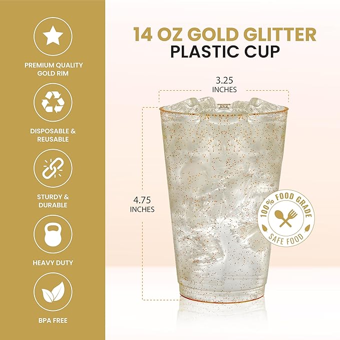 R-kay 14 oz Gold Glitter Plastic Cups For Party - 50 Pack Gold Plastic Cups - Hard Disposable Cups - Premium Heavy Duty Gold Cups - Disposable Cocktail Glasses - Party Cups (50 Pack, 14, ounces)