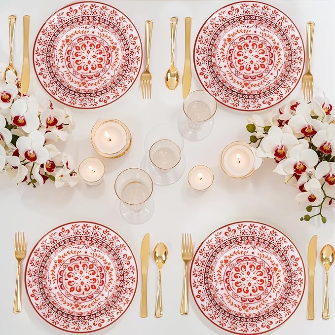 Hioasis 60pcs Red Plastic Plates Set - Floral Red & White Porcelain Design, 10.25" Dinner & 7.5" Dessert Plates Disposable for Christmas (Dishwasher Safe, Traditional Style)