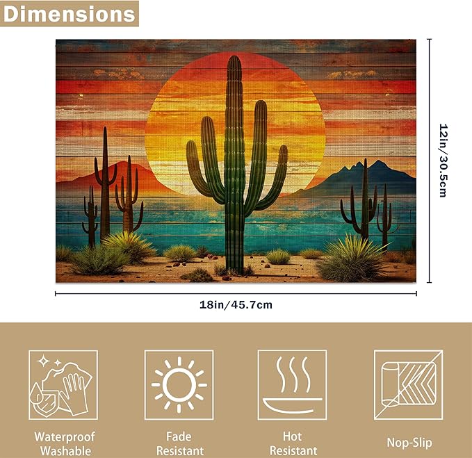 Table Placemats Set of 6, Waterproof Linen Fabric, Non-Slip Backing & Easy Clean, Elegant Dining Table Protectors for Family and Guests (Boho Cactus)