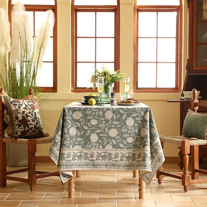 ISAENNE Designer Grayish Green Linen Extra Long Tablecloth Rectangle,Floral Stain Resistant Table Cloth,Fall Vintage Decor Tablecloths for Dining Thanksgiving Kitchen,63"*110"-Andrew A